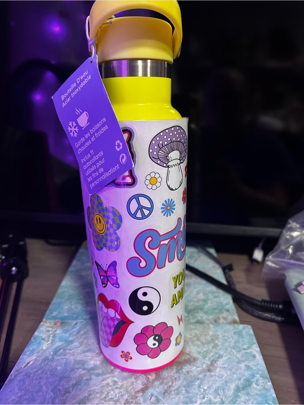 Claire's Yellow and Pink Retro Sticker Kids Water Bottle